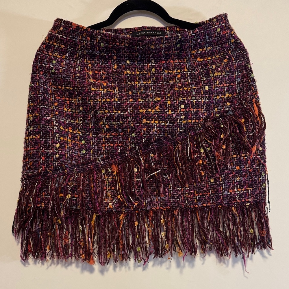 Zara Colorful Tweed Skirt with Fringe